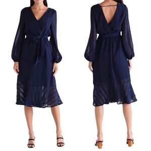 NSR Navy Blue Textured Wrap Midi Dress